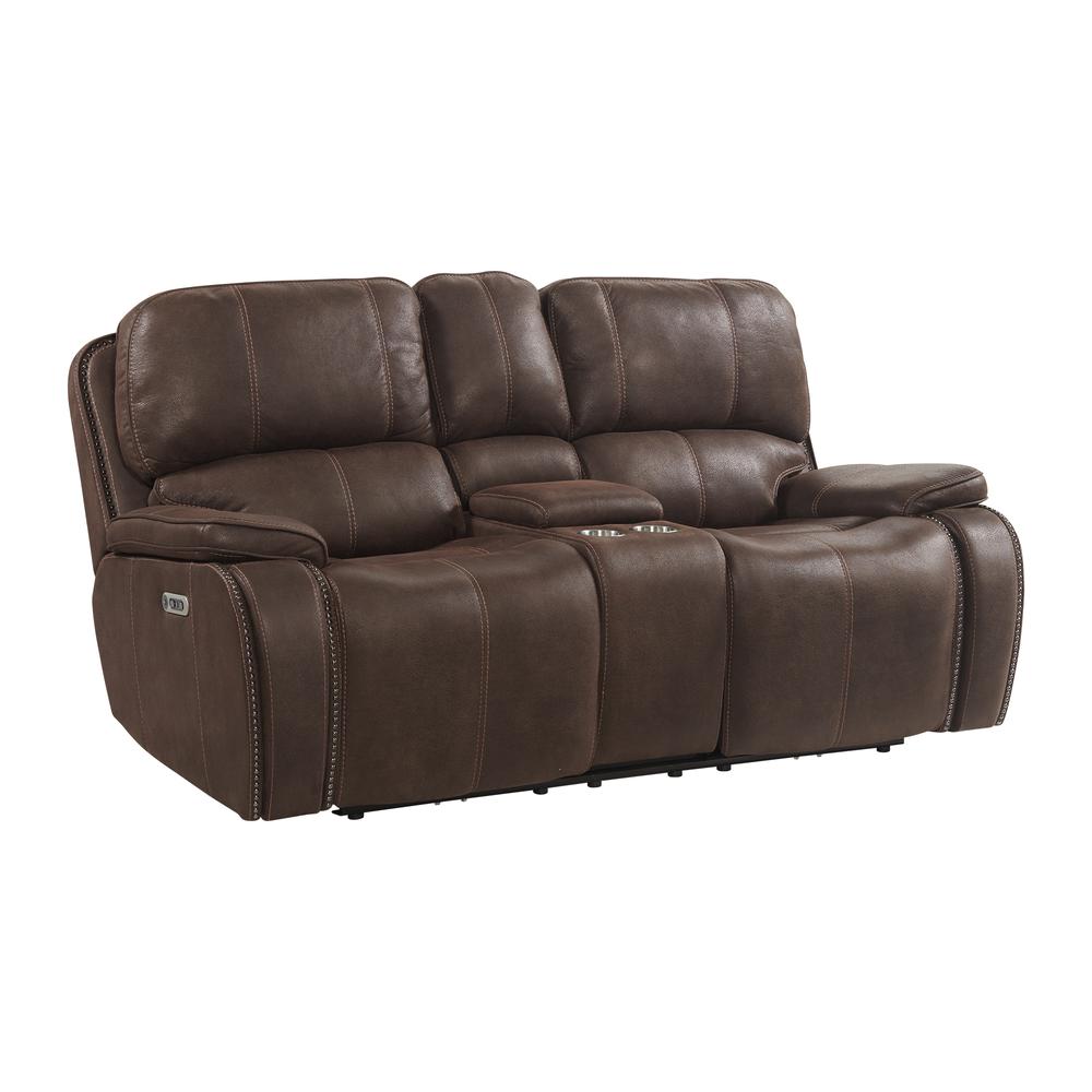 Grover Power Motion Loveseat with Power Headrest & Console in Heritage Coffee. Picture 1