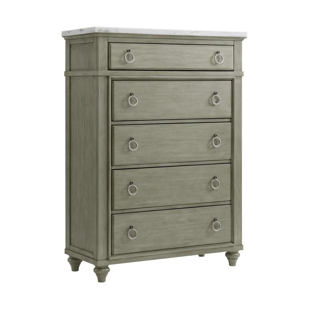 Bessie 5-Drawer Chest w/ White Marble Top in Grey. Picture 1