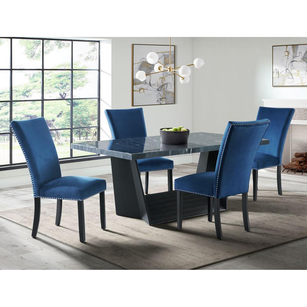 Dillon Standard Height Gray 5PC Dining Set-Table & Four Velvet Chairs in Blue. Picture 2