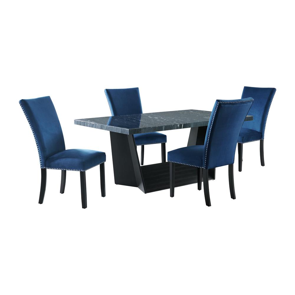 Dillon Standard Height Gray 5PC Dining Set-Table & Four Velvet Chairs in Blue. Picture 1