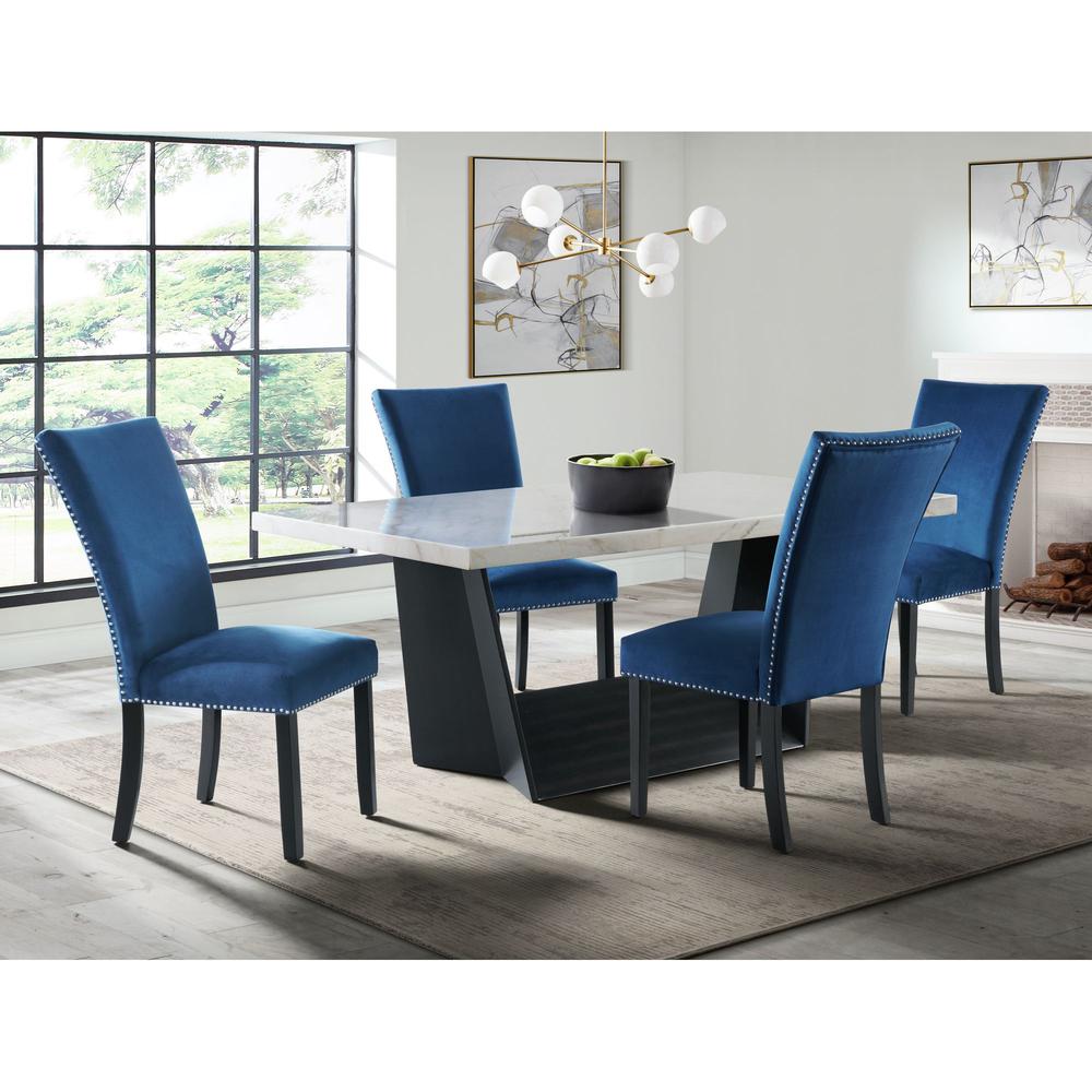 Dillon Standard Height White 5PC Dining Set-Table & Four Velvet Chairs in Blue. Picture 3