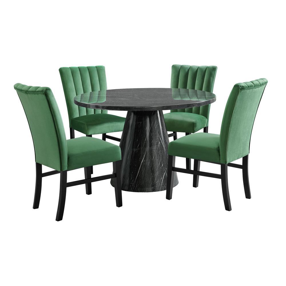 Odette 5PC Dining Set in Grey-Round Table & Four Emerald Velvet Chairs. Picture 1
