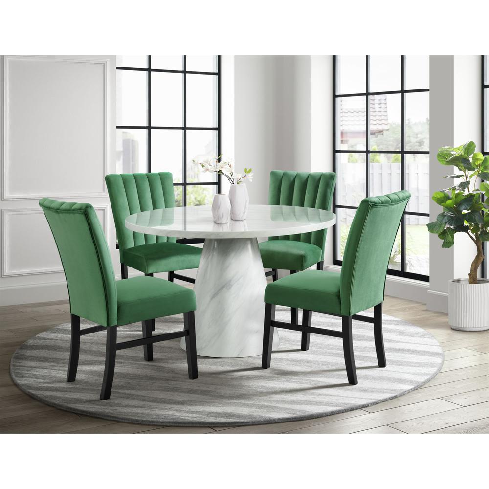 Odette White 5PC Dining Set in White-Round Table & Four Emerald Velvet Chairs. Picture 12