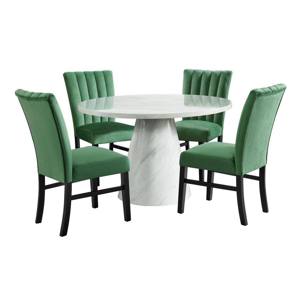 Odette White 5PC Dining Set in White-Round Table & Four Emerald Velvet Chairs. Picture 1