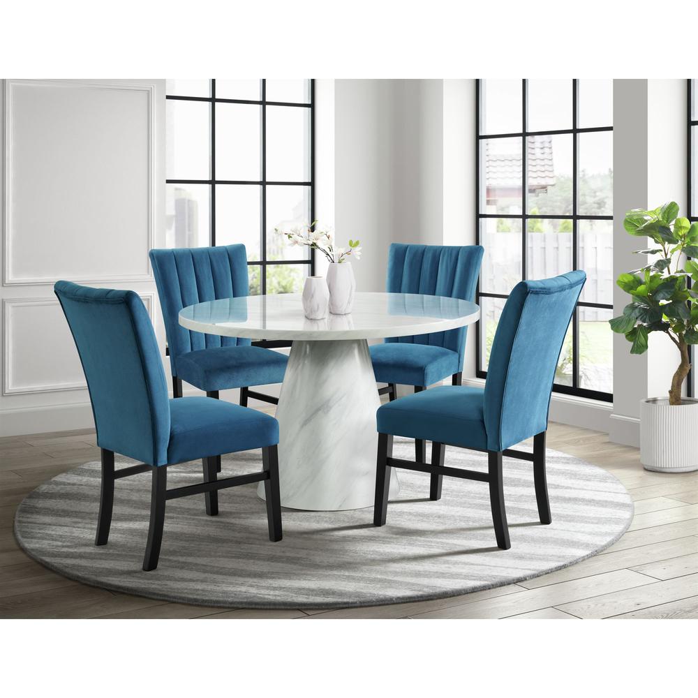 Odette White 5PC Dining Set in White-Round Table & Four Navy Blue Velvet Chairs. Picture 12