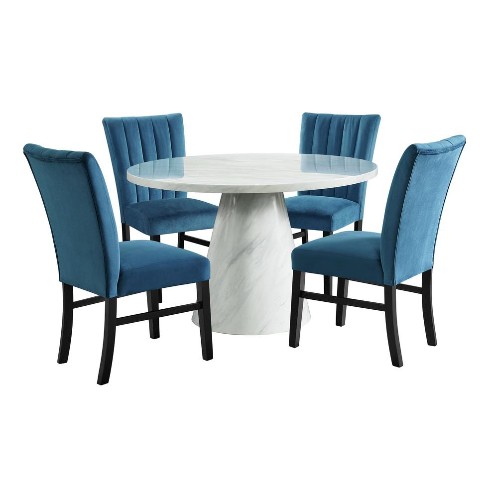 Odette White 5PC Dining Set in White-Round Table & Four Navy Blue Velvet Chairs. Picture 1