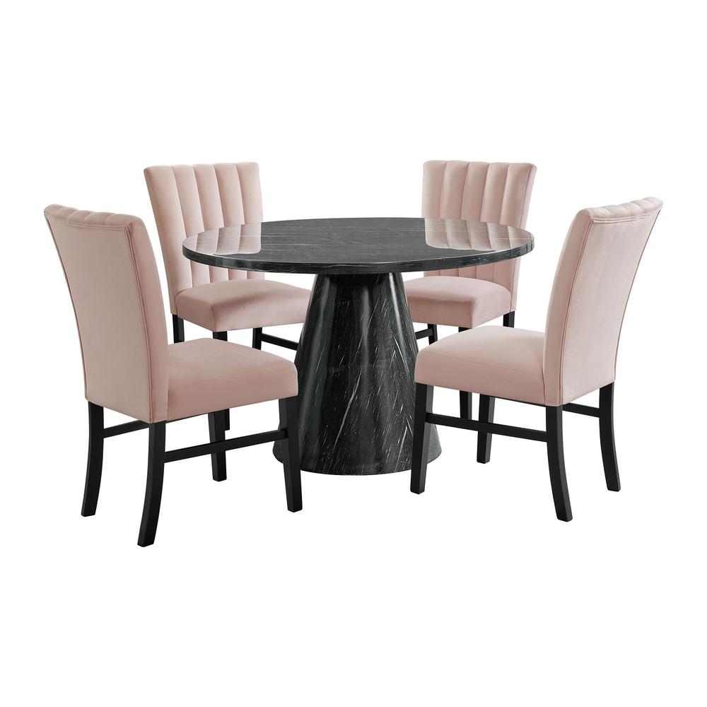 Odette  5PC Dining Set in Grey-Round Table & Four Pink Velvet Chairs. Picture 1