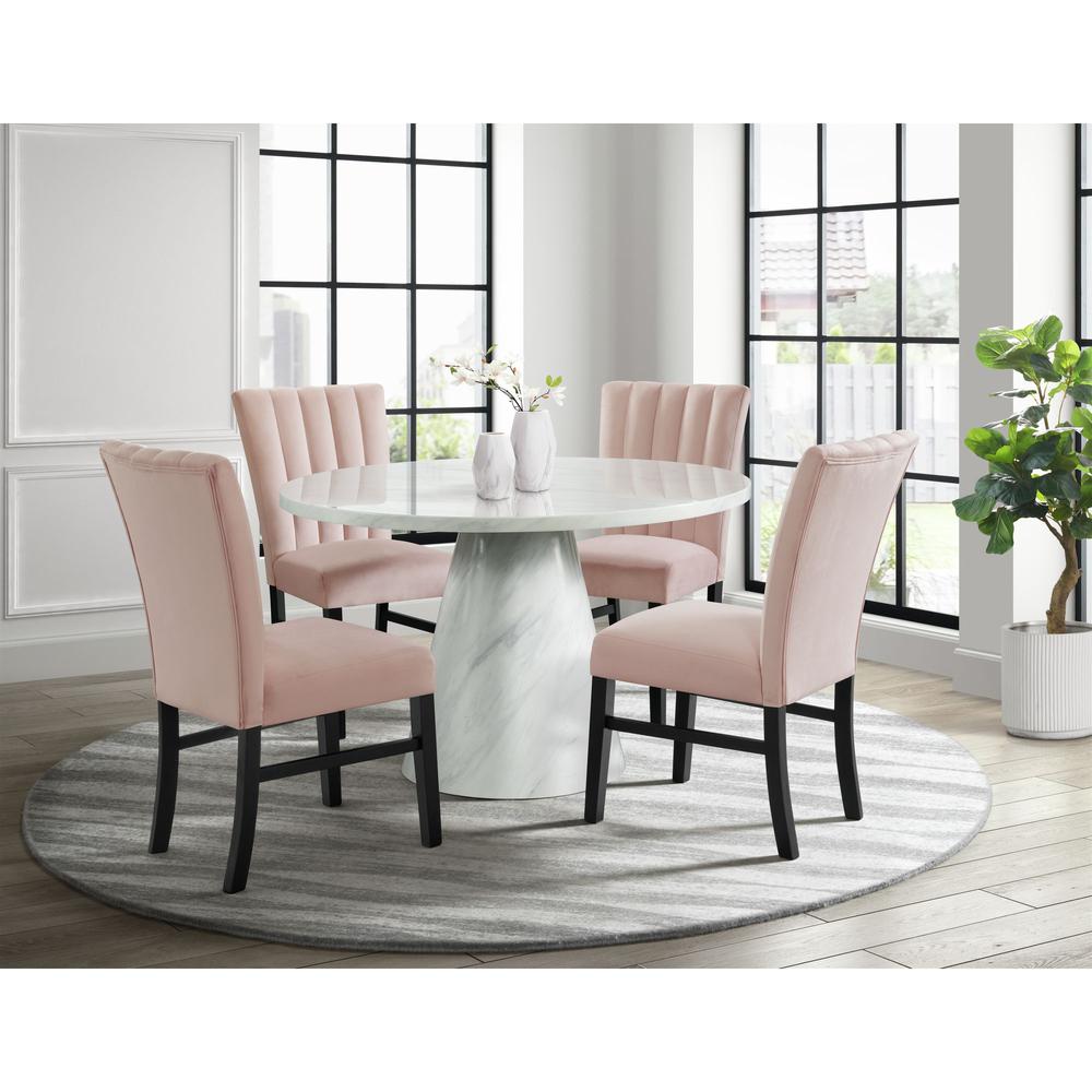 Odette White 5PC Dining Set in White-Round Table & Four Pink Velvet Chairs. Picture 12