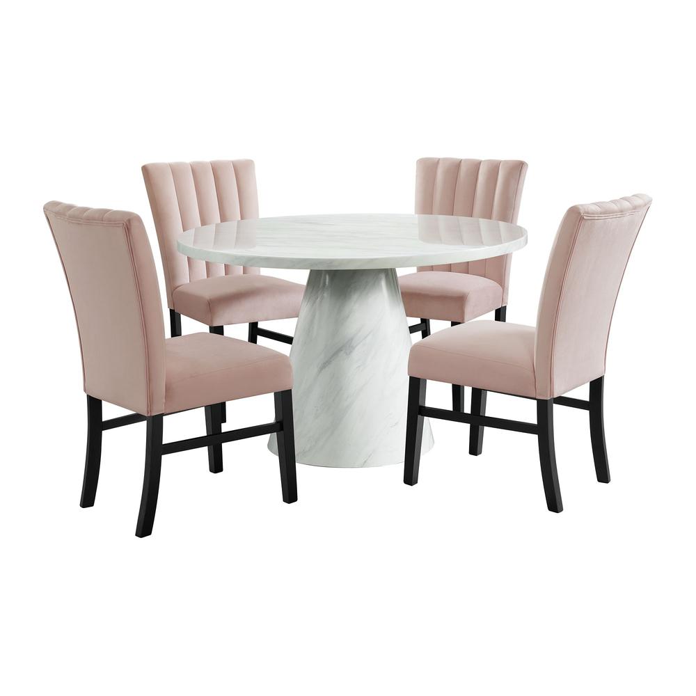 Odette White 5PC Dining Set in White-Round Table & Four Pink Velvet Chairs. Picture 1
