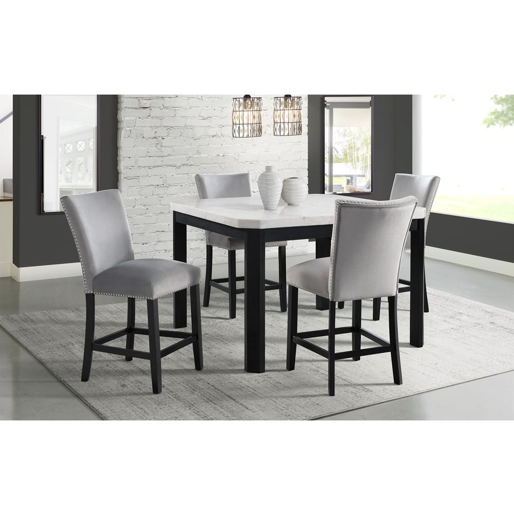 Celine White Marble 5PC Counter Height Dining Set-Table & Four Gray Velvet Chairs. The main picture.