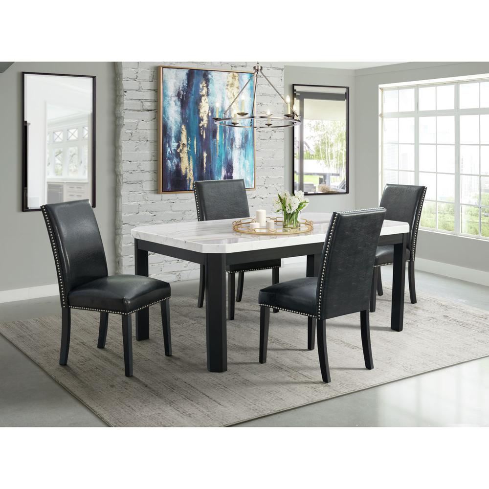 Picket House Furnishings Celine White Marble 5PC Dining Set-Table & Four Black Faux Leather Chairs. The main picture.