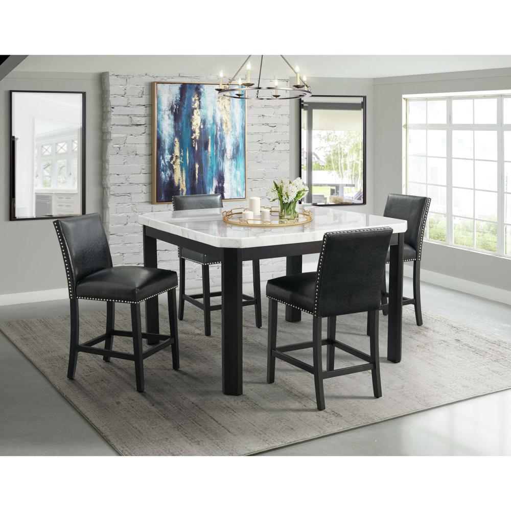 Picket House Furnishings Celine White Marble 5PC Counter Height Dining Set-Table & Four Black Faux Leather Chairs. Picture 1