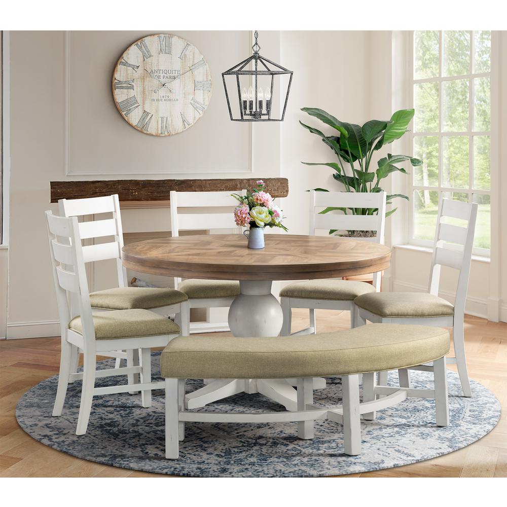 Picket House Furnishings Barrett Round 6PC Dining Set-Table, Four Side Chairs, and Bench. Picture 1