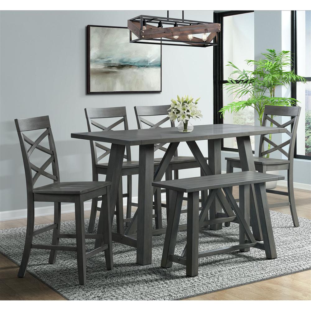 Picket House Furnishings Regan 6PC Counter Height Dining Set in Gray-Table, 4 Side Chairs & Bench. Picture 1