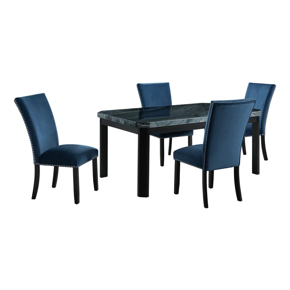 Picket House Furnishings Celine 5PC Dining Set- Table & Four Blue Velvet Chairs. Picture 1
