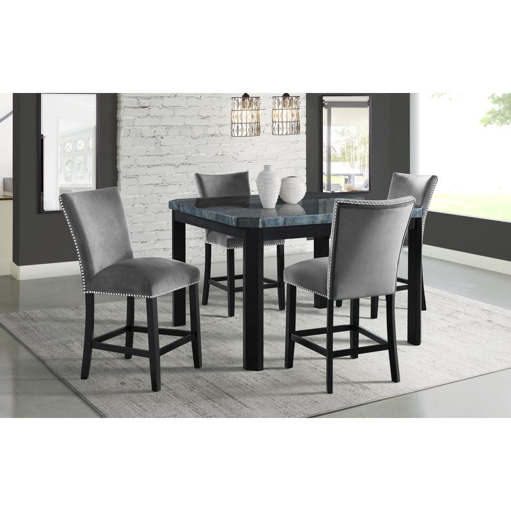 Picket House Furnishings Celine 5PC Square Counter Height Dining Set-Table & Four Grey Velvet Chairs. Picture 1