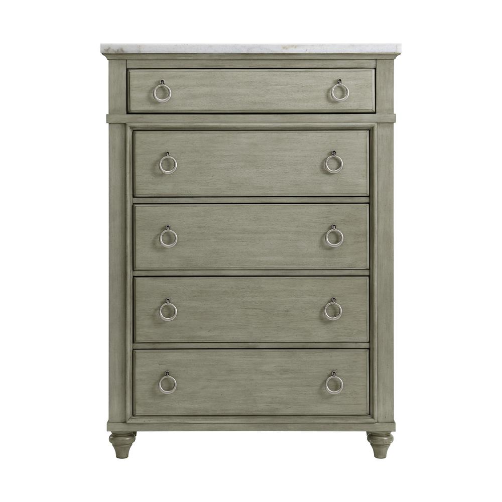 Bessie 5-Drawer Chest w/ White Marble Top in Grey. Picture 2