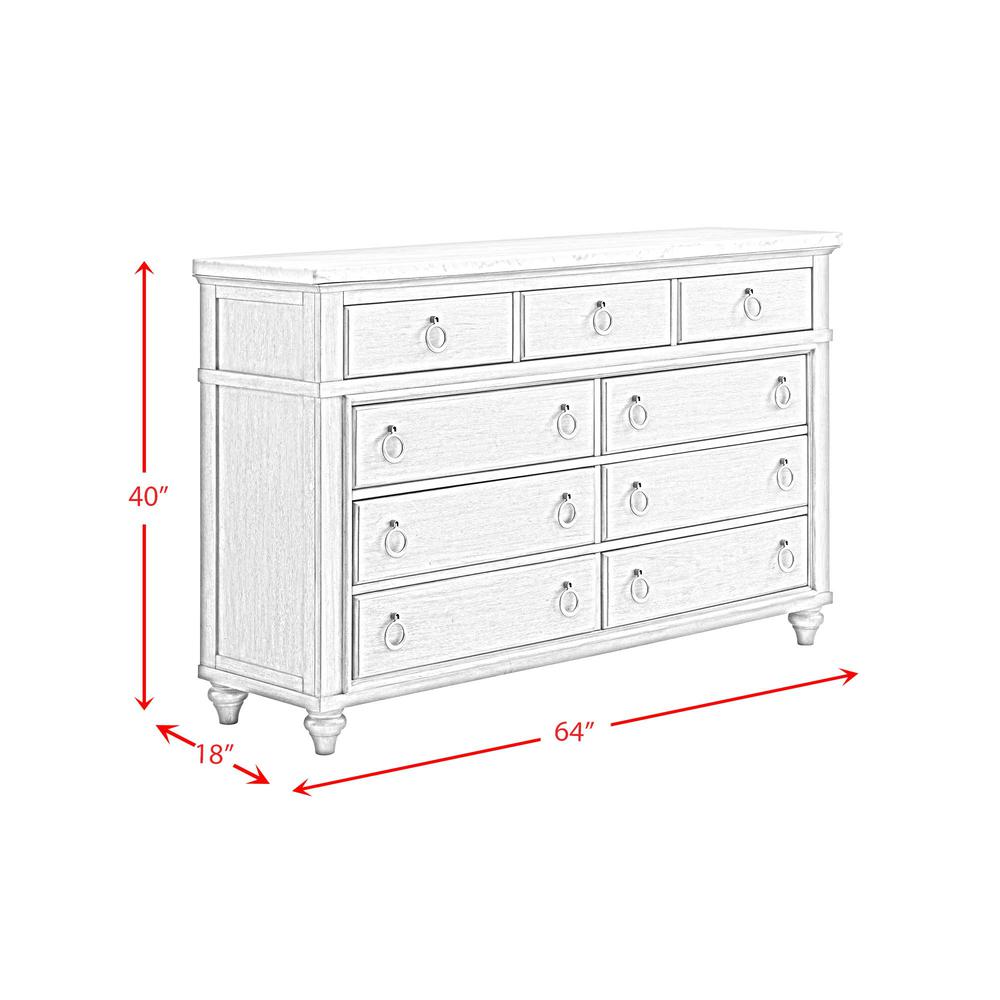 Bessie 9-Drawer Dresser w/ White Marble Top in Grey. Picture 3