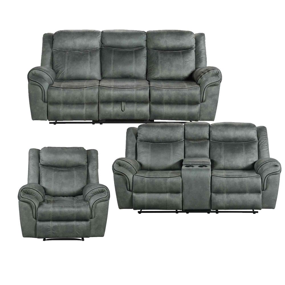 Tasso 3PC Living Room Set in FB367 Charcoal-Sofa, Loveseat & Recliner. Picture 1
