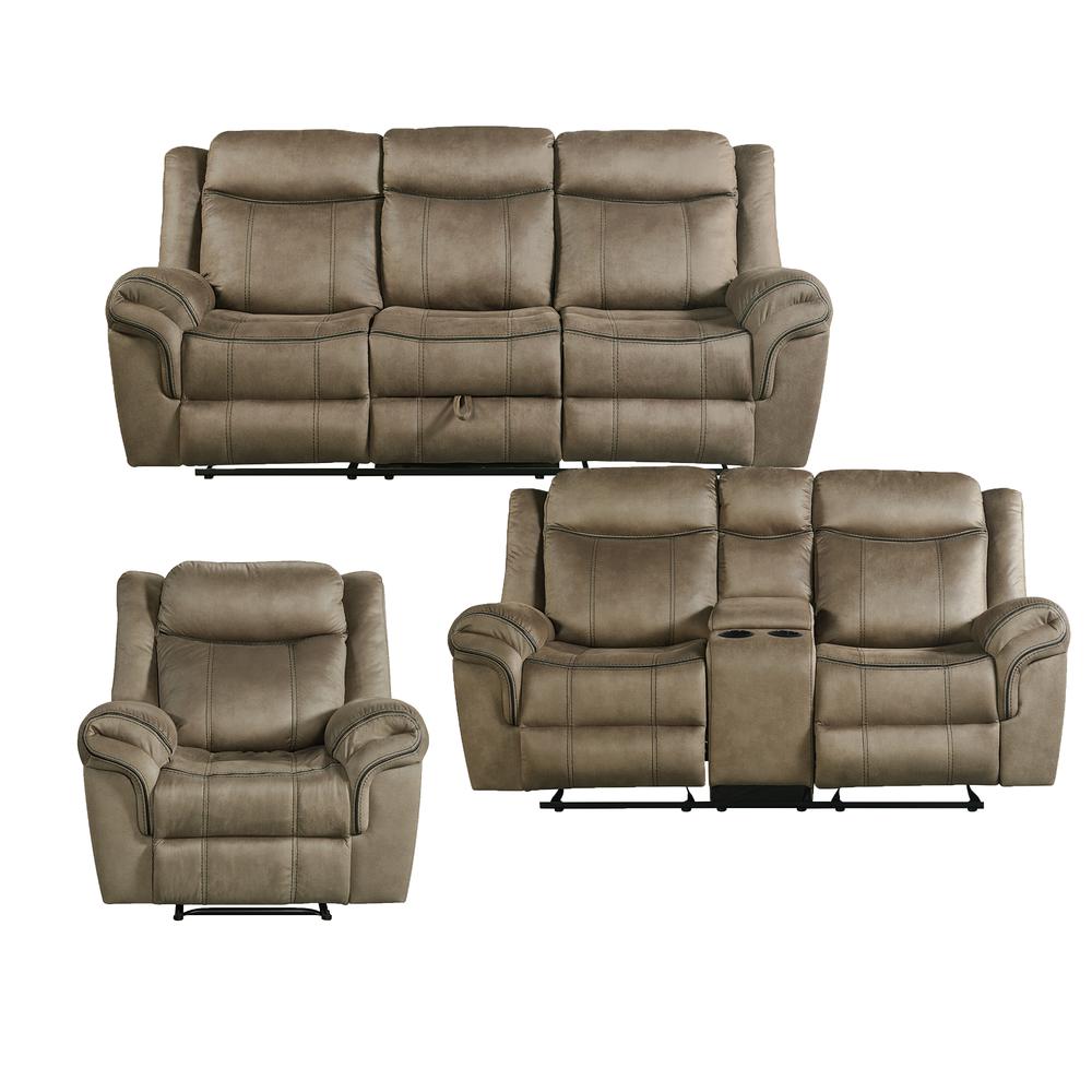 Tasso 3PC Living Room Set in T101 Brown-Sofa, Loveseat & Recliner. Picture 1