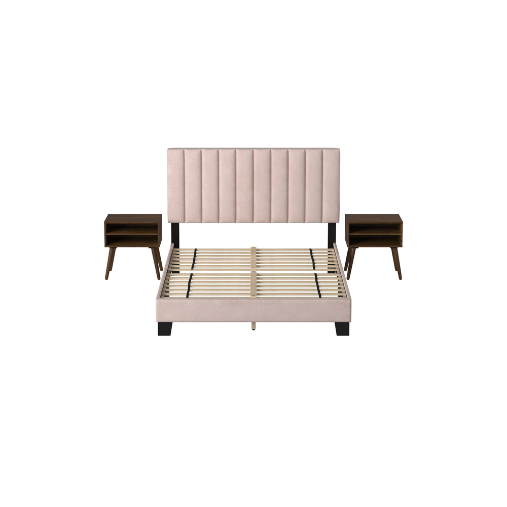 Picket House Furnishings Colbie Upholstered Queen Platform Bed iWith Nightstands in Blush. Picture 4