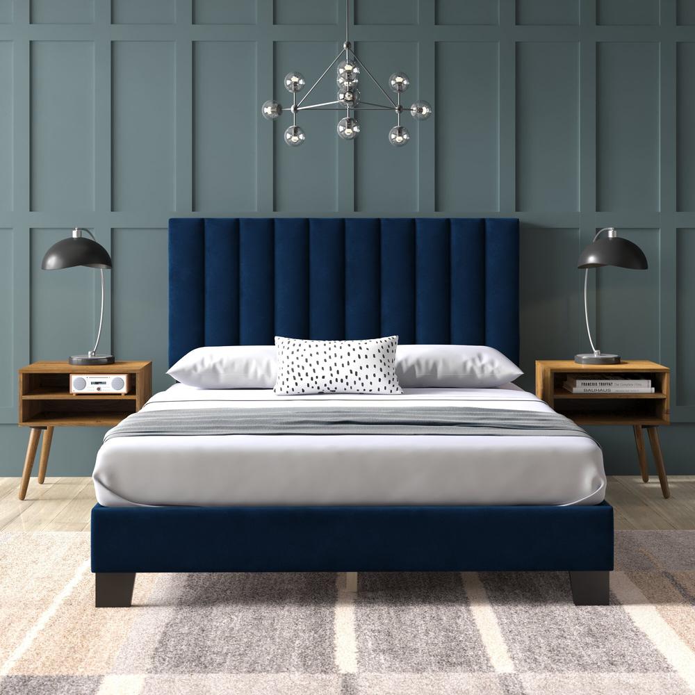 Picket House Furnishings Colbie Upholstered Queen Platform Bed with Nightstands in Navy. Picture 2
