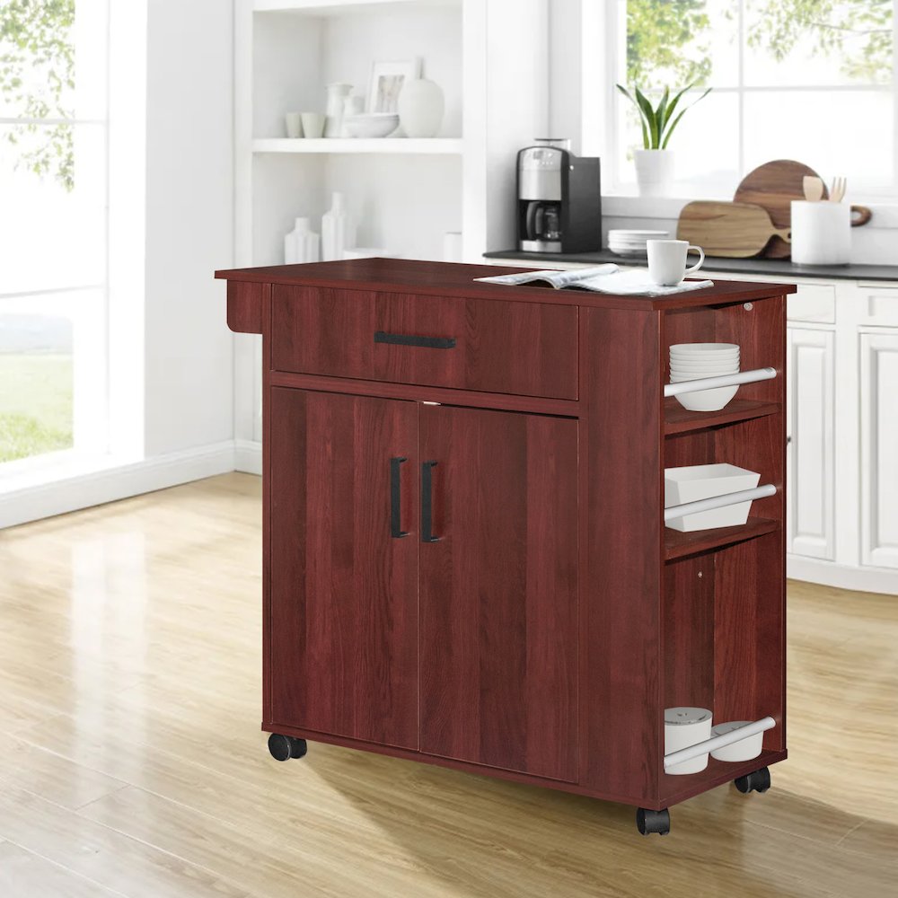 Better Home Products Shelby Rolling Kitchen Cart with Storage Cabinet - Mahogany. Picture 7