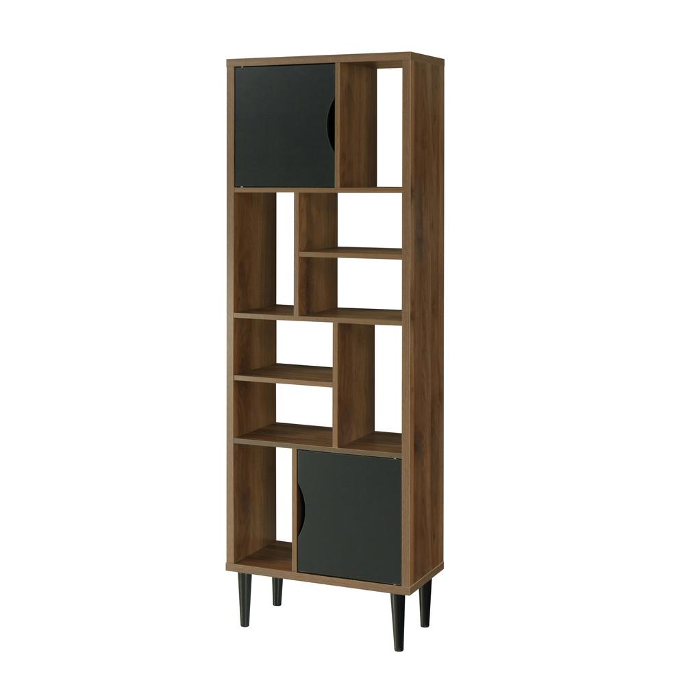 Mid Century Modern Accent Bookcase with Two Doors and 10 Storage Areas on Wood Legs. Picture 3