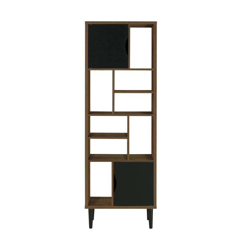 Mid Century Modern Accent Bookcase with Two Doors and 10 Storage Areas on Wood Legs. Picture 5