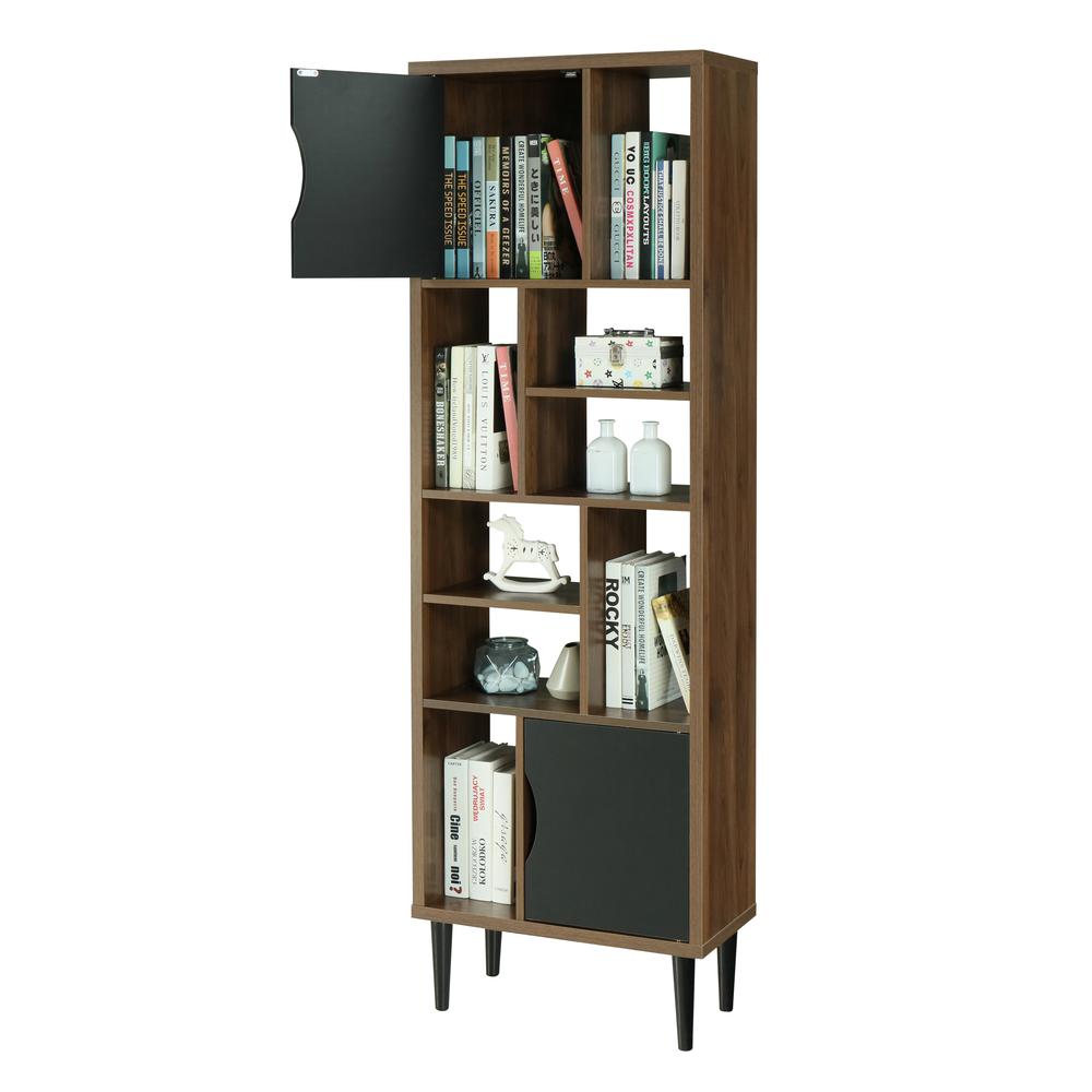Mid Century Modern Accent Bookcase with Two Doors and 10 Storage Areas on Wood Legs. Picture 9