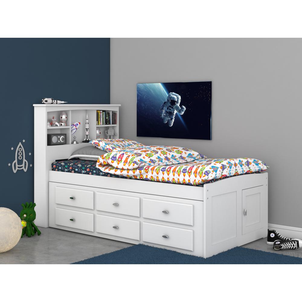 OS Home and Office Furniture Model 80220K12-22 Solid Pine Twin Captains Bookcase Bed with 12 spacious underbed drawers in Casual White. Picture 1