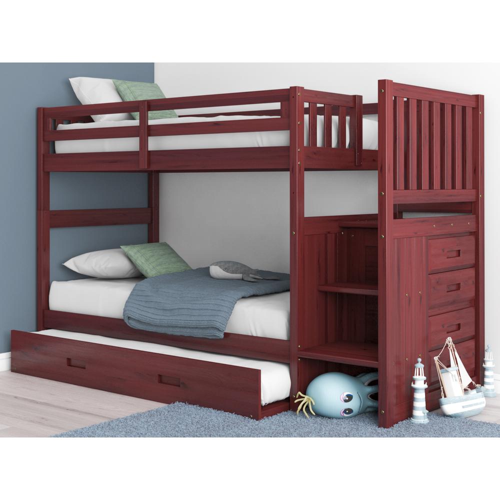 OS Home and Office Furniture Model 2817TTTRU-22, Solid Pine Mission Staircase Twin over Twin Bunk Bed with Four Drawer Chest and Roll Out Twin Trundle Bed in Rich Merlot.. Picture 6