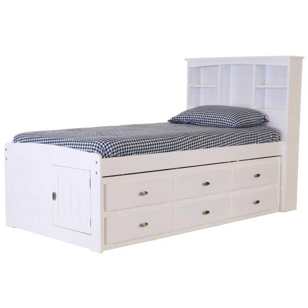 OS Home and Office Furniture Model 80220K12-22 Solid Pine Twin Captains Bookcase Bed with 12 spacious underbed drawers in Casual White. Picture 5