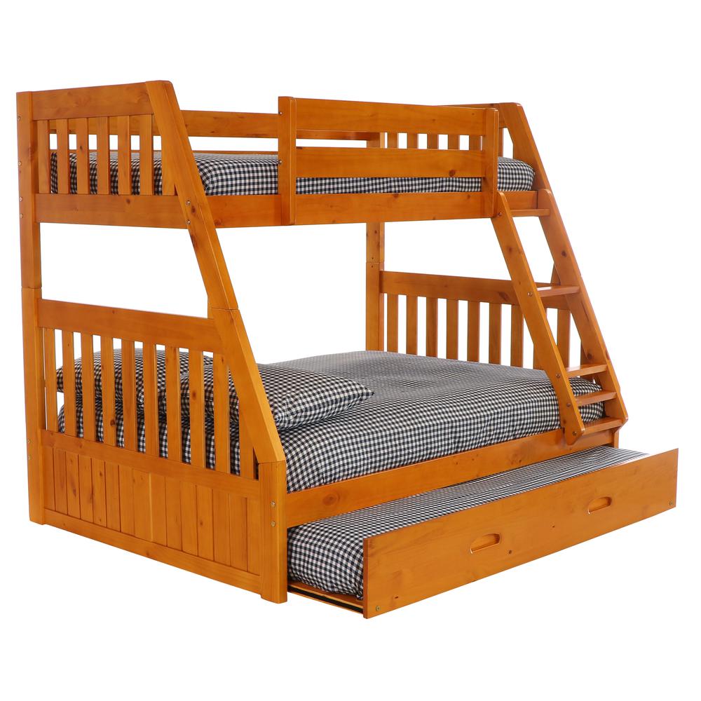 Solid Pine Mission Twin over Full Bunk Bed with Roll Out Twin Trundle Bed. Picture 1