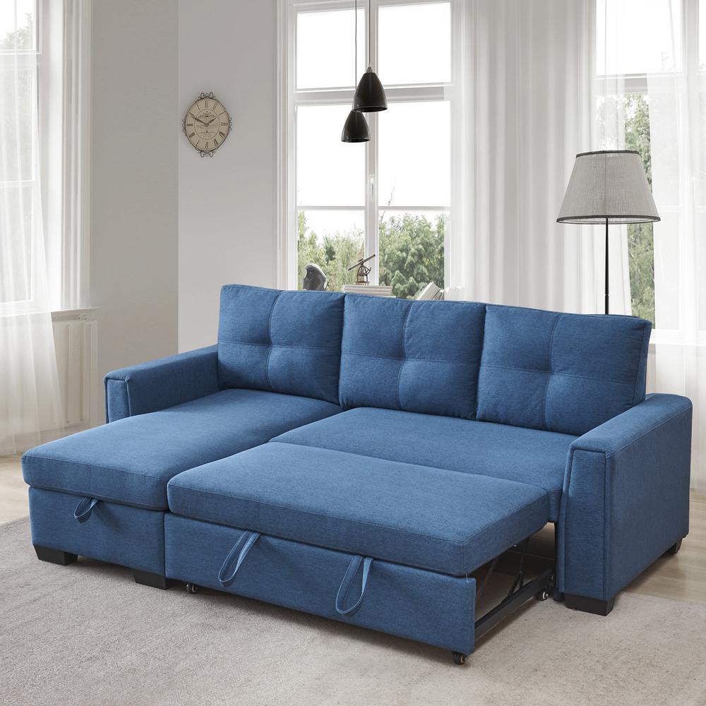Tufted Sectional Chaise Sofa Sleeper with Storage in Blue. Picture 7
