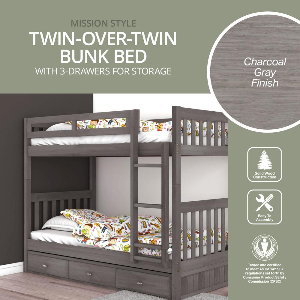 Solid Pine Twin/Twin Bunk Bed with Three Drawers in Charcoal Gray. Picture 7