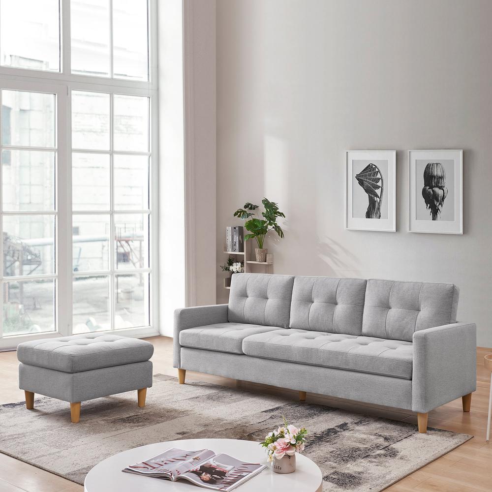 Two Piece Upholstered Tufted L Shaped Sectional with Ottoman in Light Grey. Picture 5