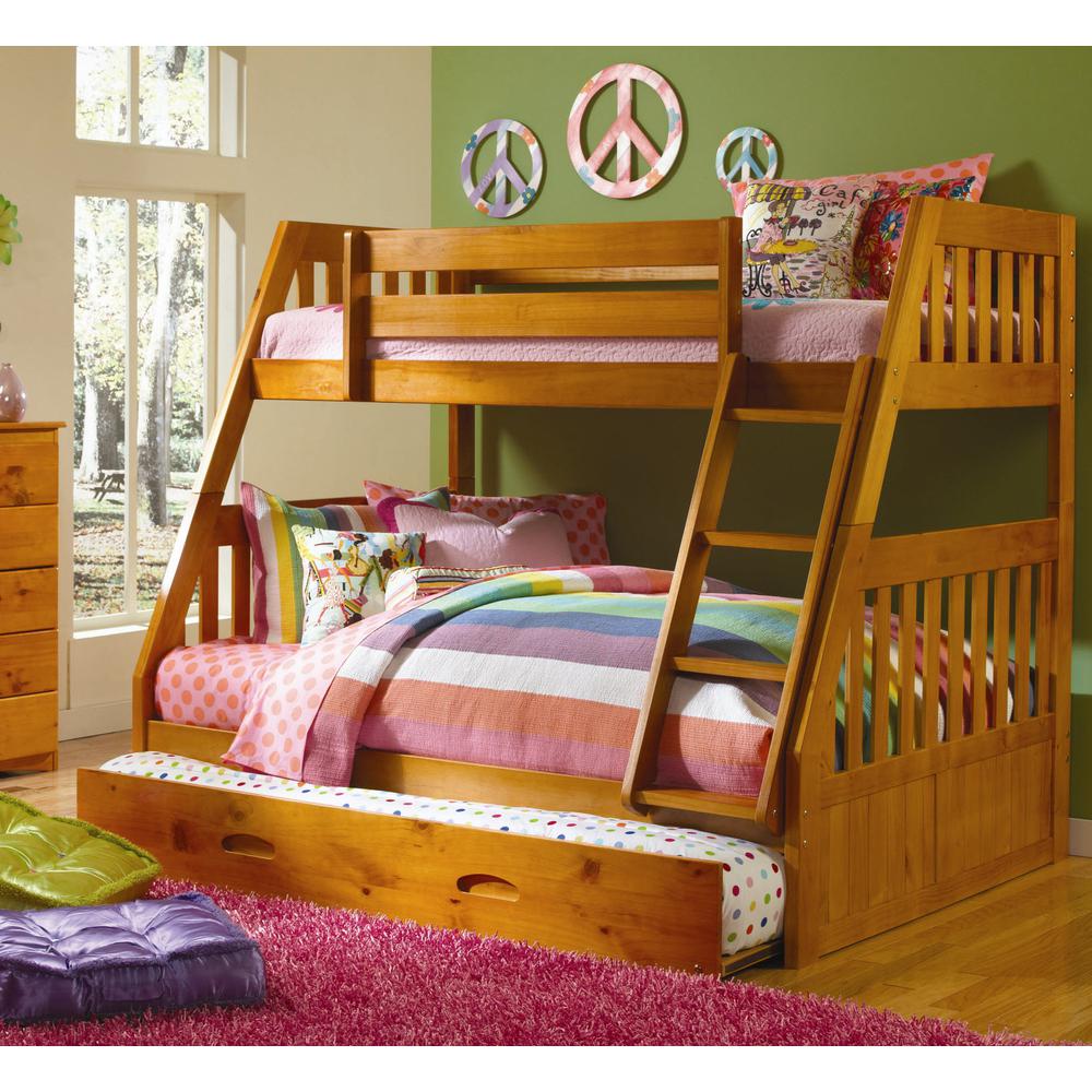 Solid Pine Mission Twin over Full Bunk Bed with Roll Out Twin Trundle Bed. Picture 5