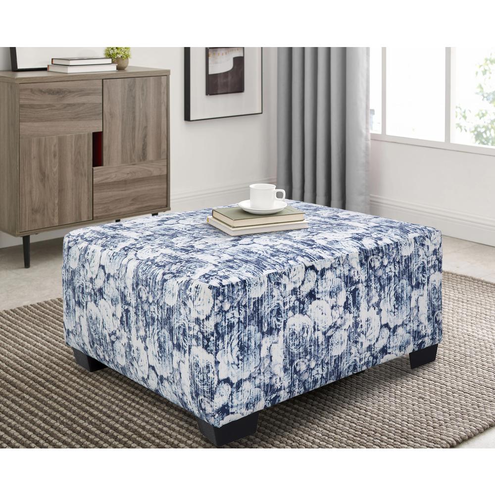 American Furniture Classics Blue Floral Square Upholstered Ottoman. Picture 1