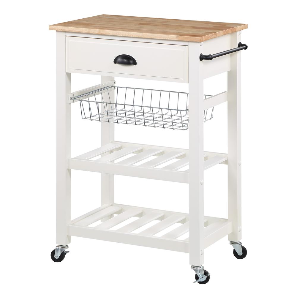 OS Home and Office Furniture Model HMPNW-11 Hampton Kitchen Cart in White with Solid Rubberwood Top. Picture 1