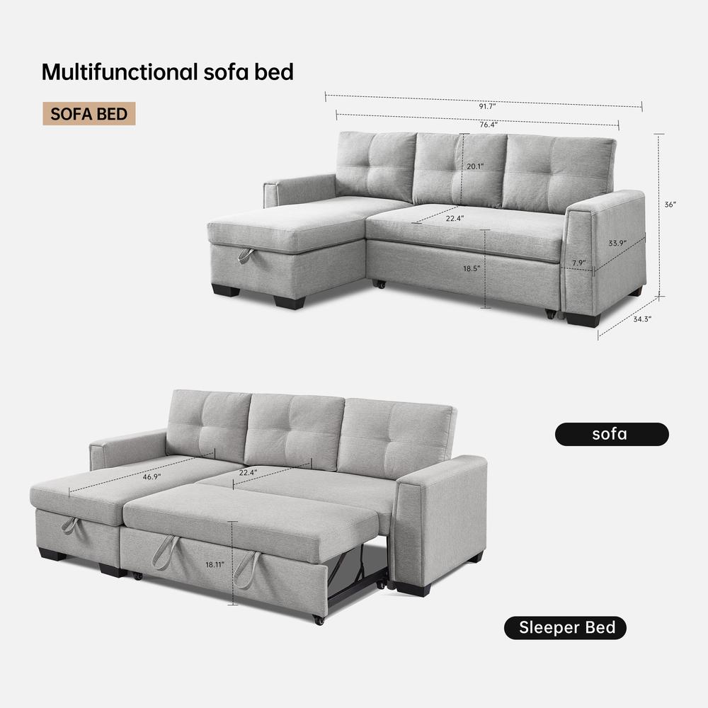 Tufted Sectional Chaise Sofa Sleeper with Storage in Light Grey. Picture 2