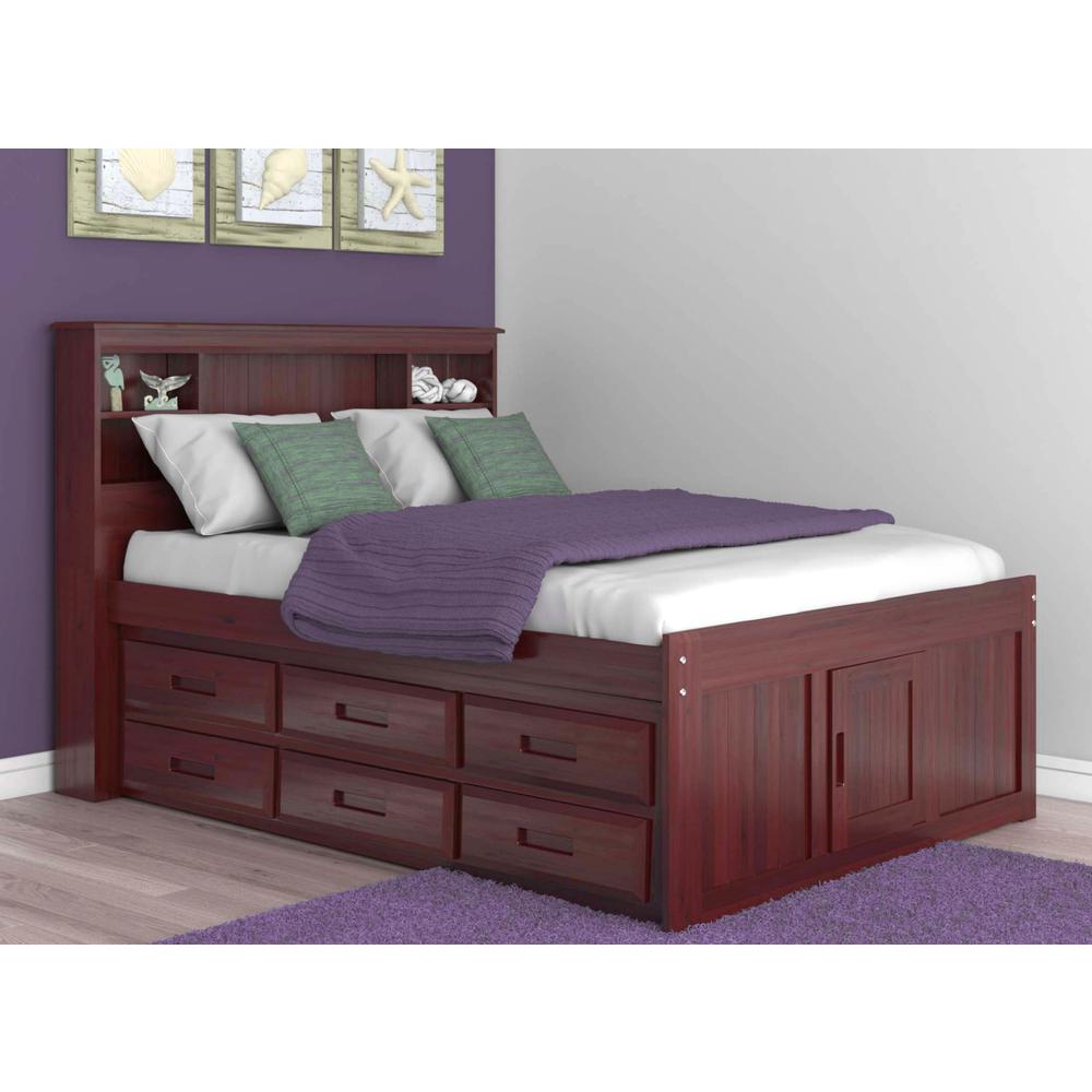 OS Home and Office Furniture Model 82821K6-22 Solid Pine Full Captains Bookcase Bed with 6 drawers in Rich Merlot. Picture 1