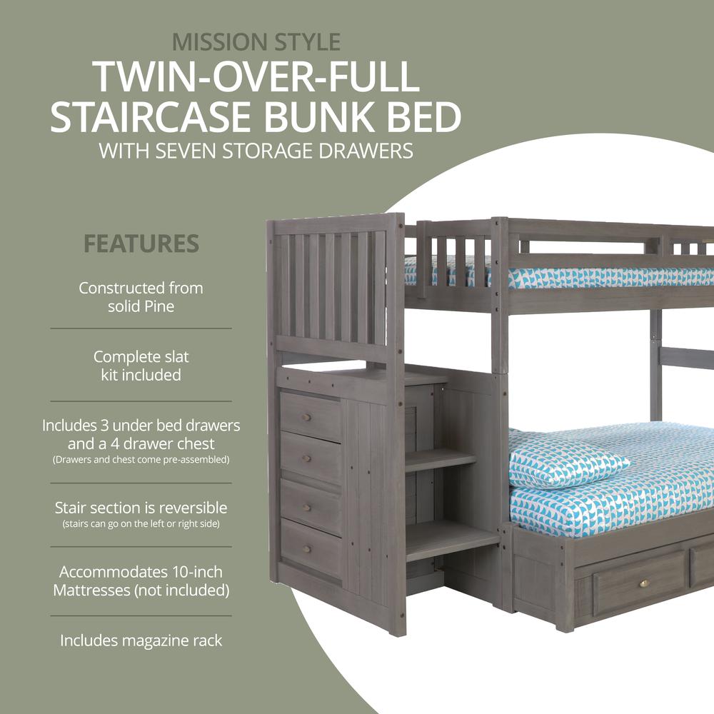 Solid Pine Mission Staircase Twin over Full Bunk Bed with Seven Drawers. Picture 6