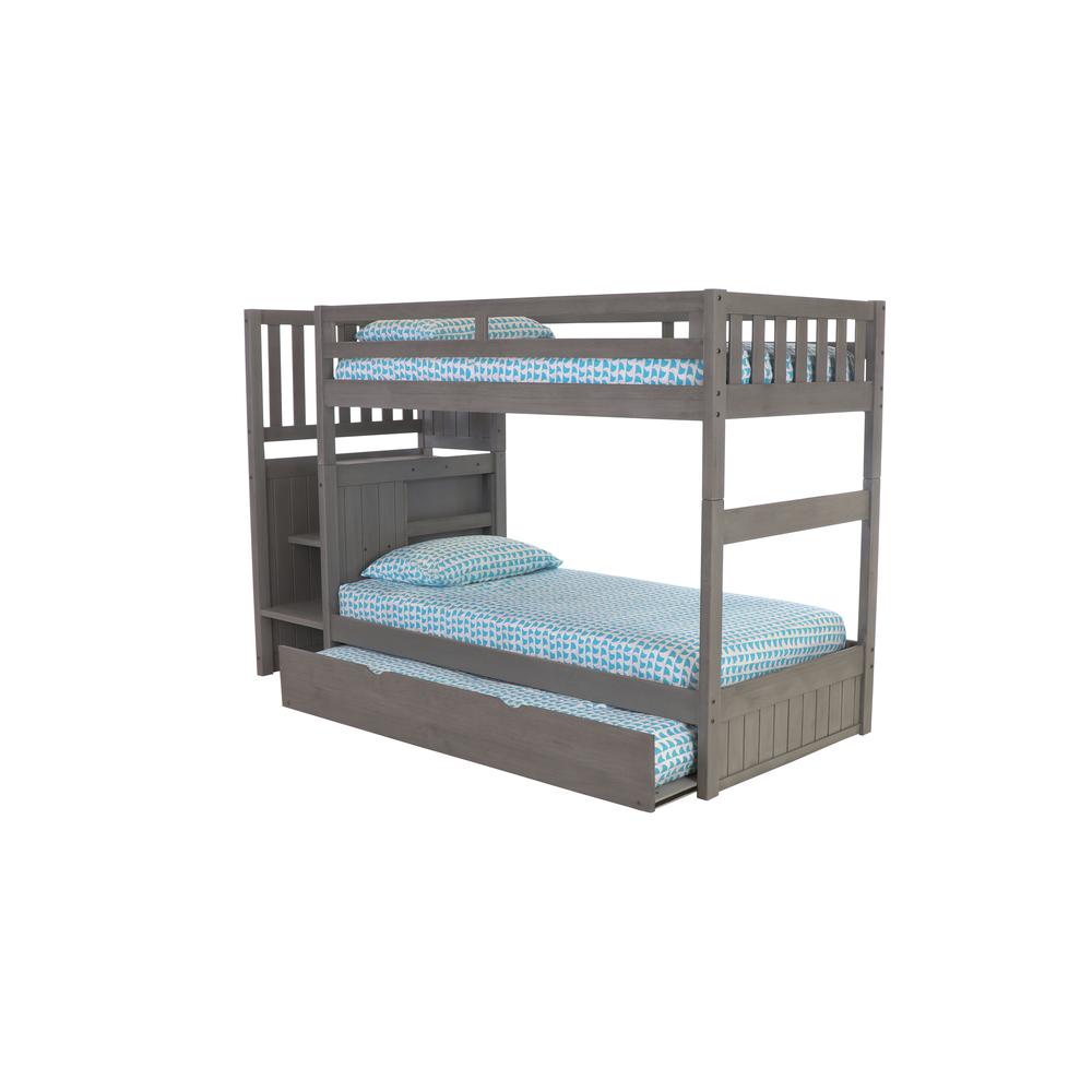 Solid Pine Mission Staircase Twin, Twin Bunk Bed with Drawer Chest, Trundle Bed. Picture 1