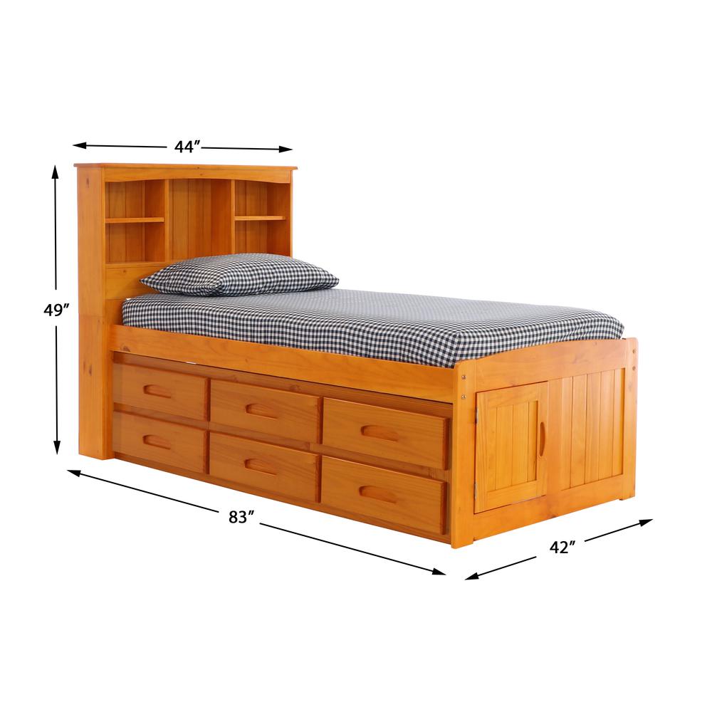 OS Home and Office Furniture Model 82120K6-22 Solid Pine Twin Captains Bookcase Bed with 6 drawers in Warm Honey. Picture 3