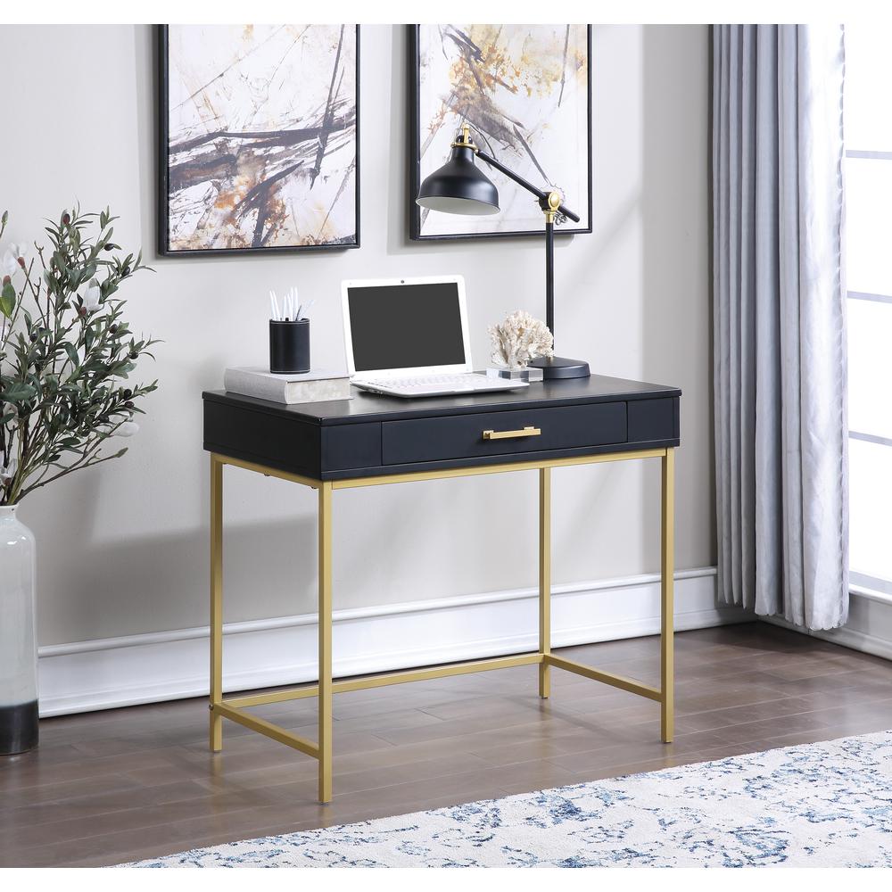 Modern Life Desk in Black Finish With Gold Metal Legs, MDR36-BK. Picture 2