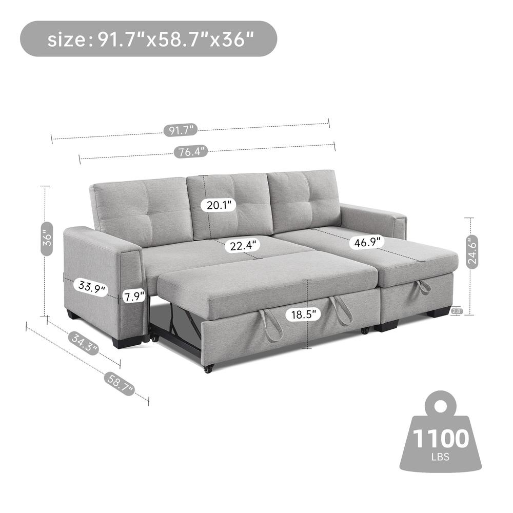 Tufted Sectional Chaise Sofa Sleeper with Storage in Light Grey. Picture 4