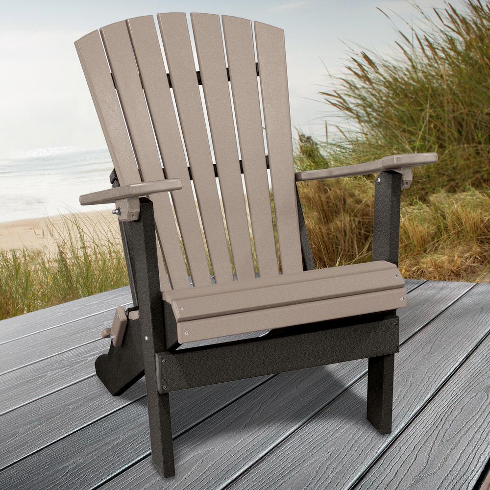 OS Home and Office Model 519WWBK Fan Back Folding Adirondack Chair in Weatherwood with a Black Base, Made in the USA. Picture 1