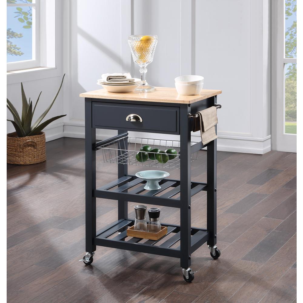 OS Home and Office Furniture Model HMPNW-70 Hampton Kitchen Cart in Blue with Solid Rubberwood Top. Picture 2