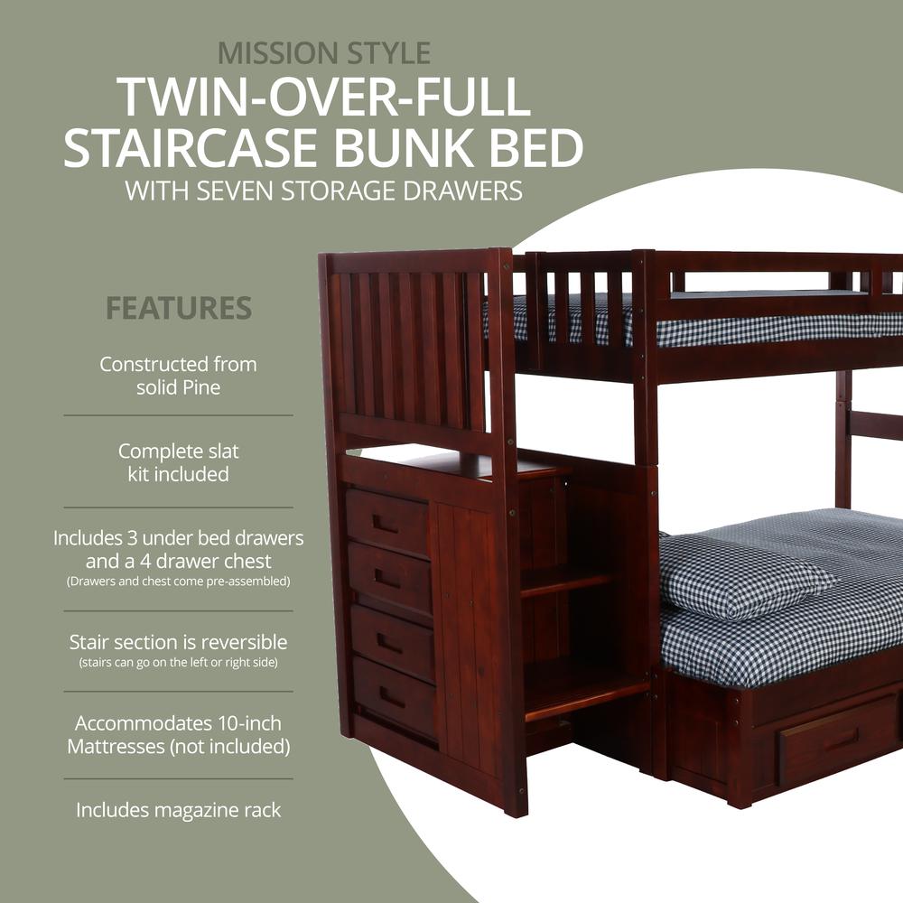 Solid Pine Mission Staircase Twin over Full Bunk Bed with Seven Drawers. Picture 6